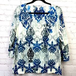 Chico's Sequin embellished scoop neck long sleeve knit top. Large. Blue & White